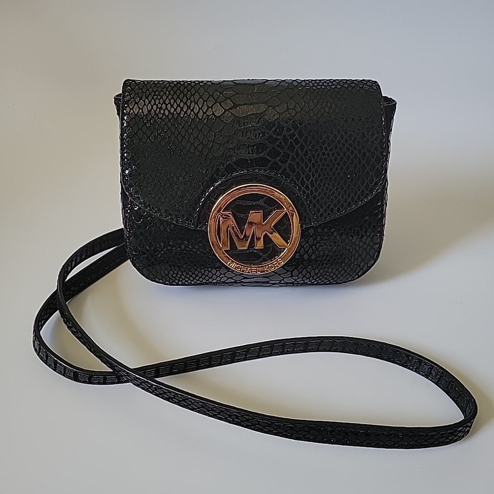 Michael Kors Fulton Flap Crossbody Bag‎ Black Snake Embossed Designer Minimalist
